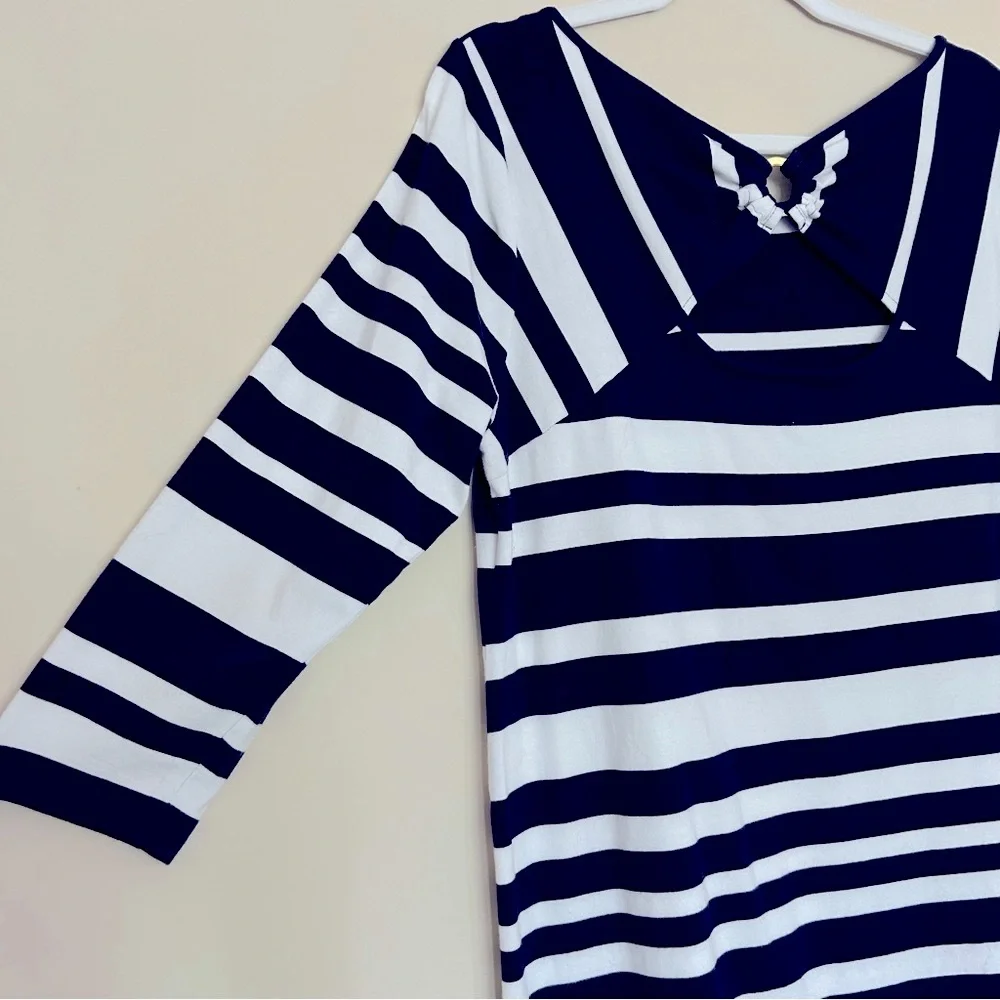 Crown & Ivy Navy Blue and White 3/4 Sleeve Soft Striped Crew Neck Dress - Picture 4 of 7